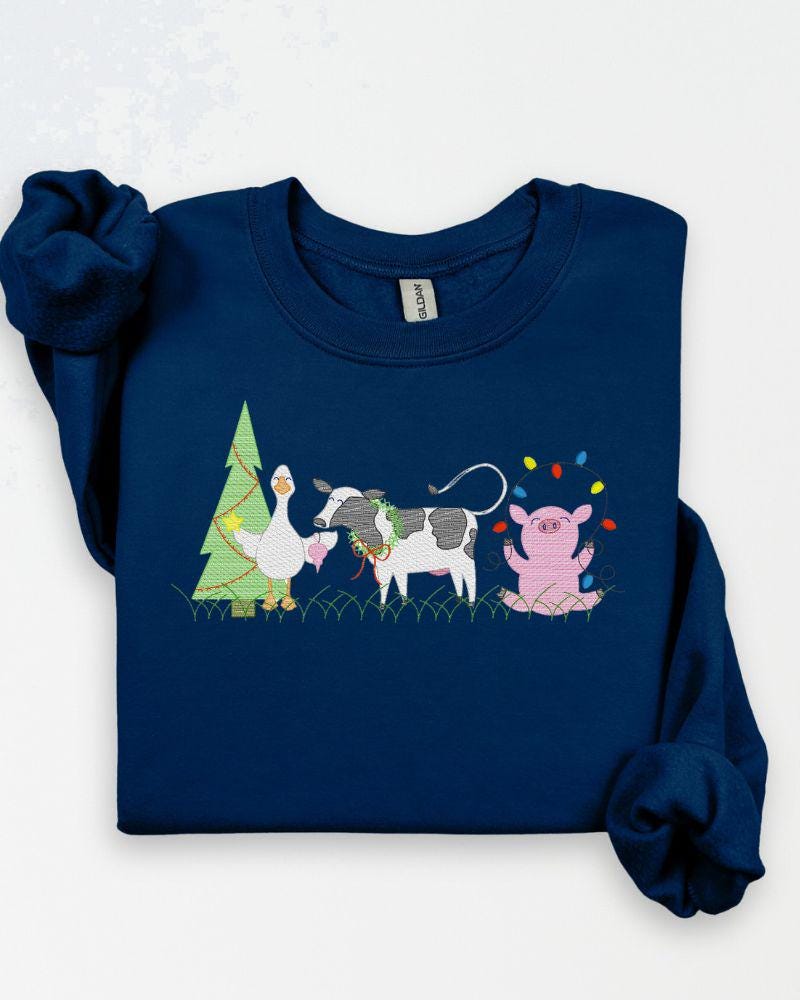 Farm Animal Christmas Sweatshirt – Embroidered Cow Pig Goose Holiday Crewneck – Cozy Farmhouse Christmas Sweater Gift