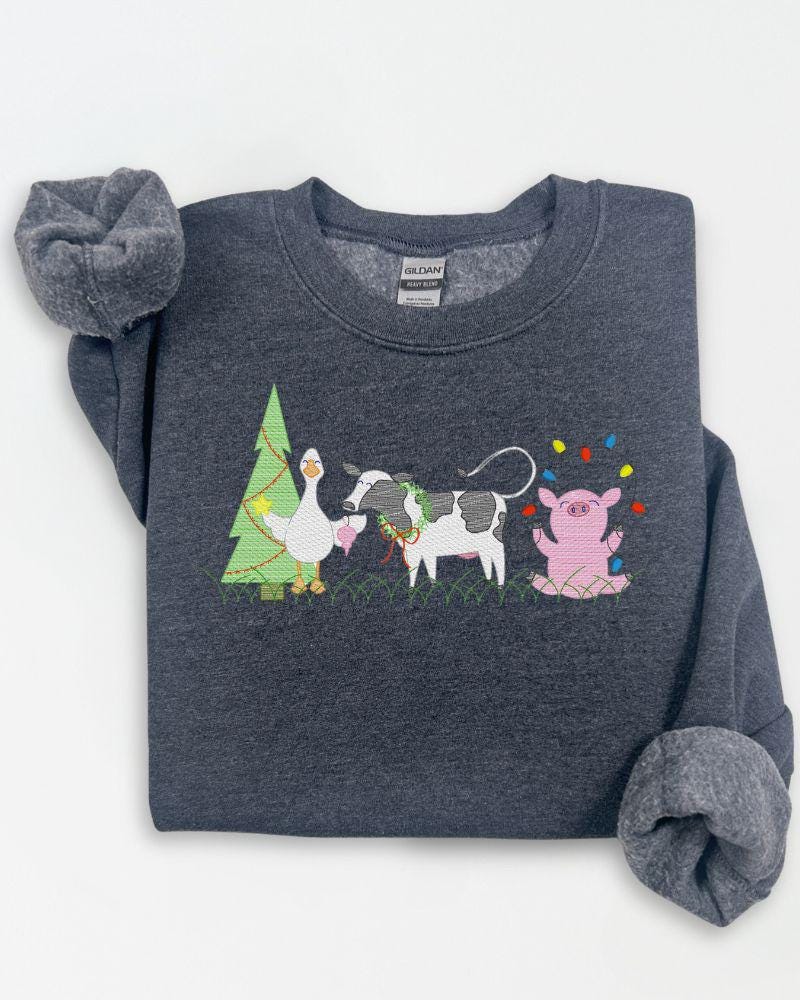 Farm Animal Christmas Sweatshirt – Embroidered Cow Pig Goose Holiday Crewneck – Cozy Farmhouse Christmas Sweater Gift