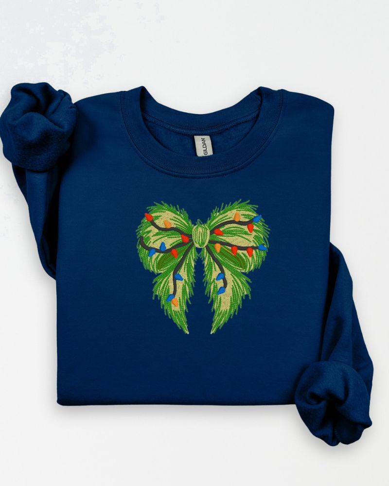 Grinchmas Bow with Lights Sweatshirt – Embroidered Holiday Crewneck – Cozy Style Sweater Gift
