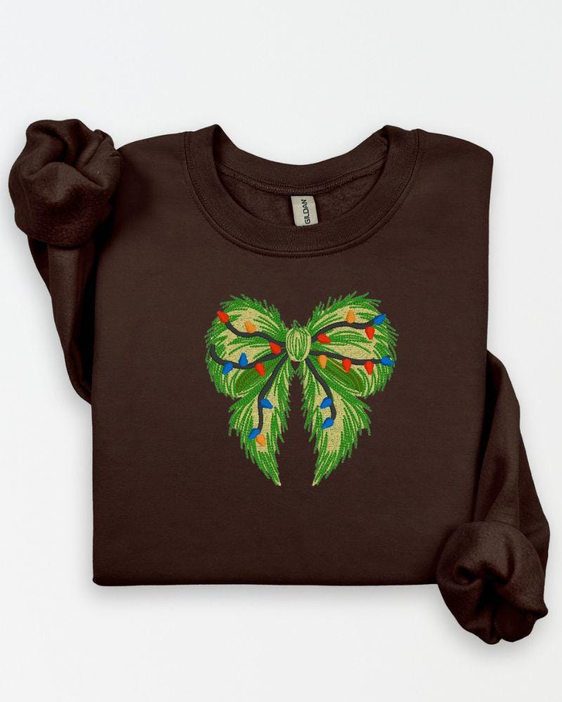 Grinchmas Bow with Lights Sweatshirt – Embroidered Holiday Crewneck – Cozy Style Sweater Gift