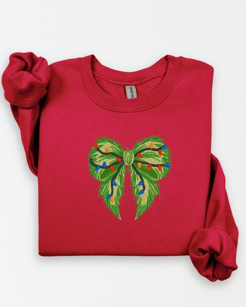Grinchmas Bow with Lights Sweatshirt – Embroidered Holiday Crewneck – Cozy Style Sweater Gift