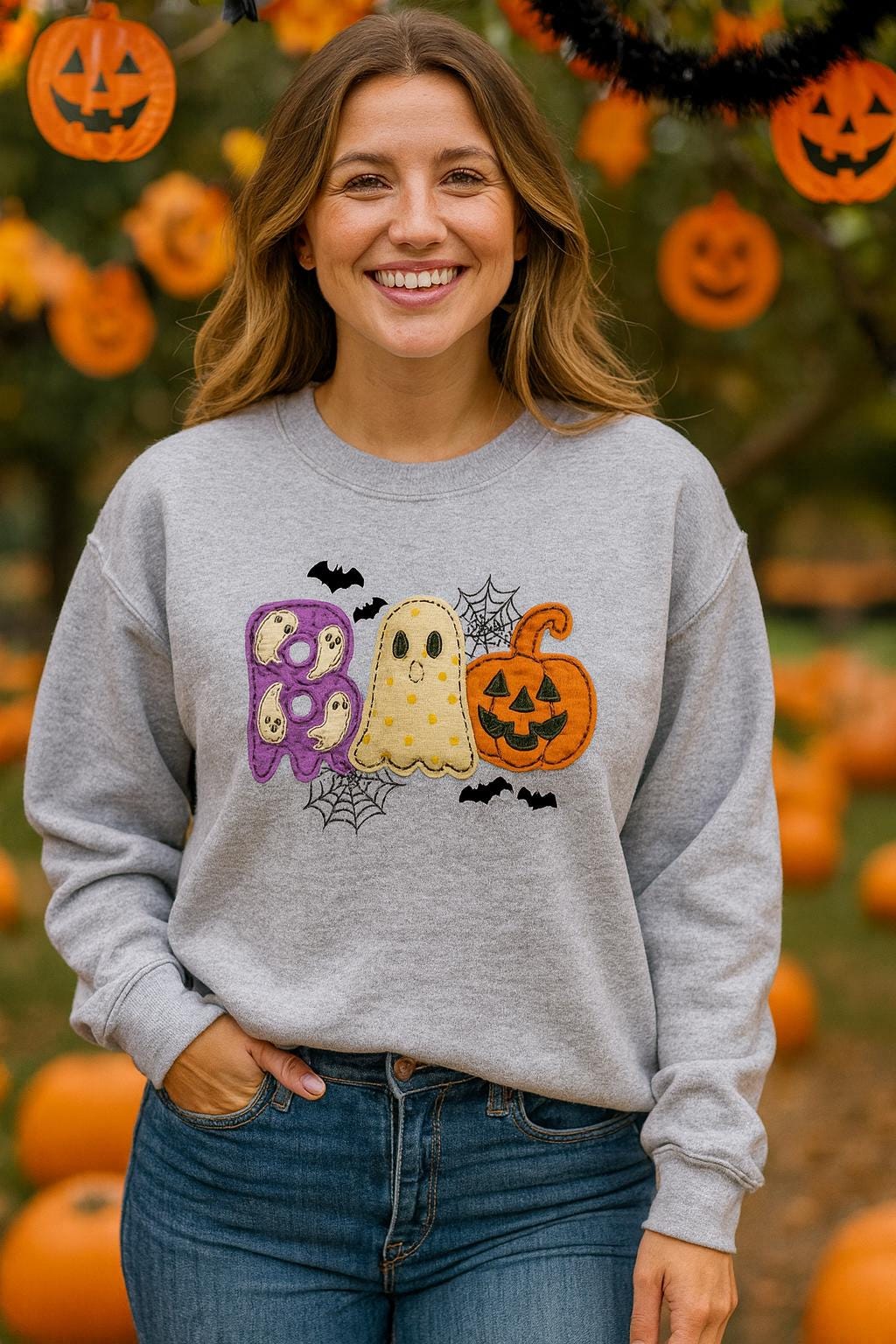 Cute Halloween Applique Style Boo Fall Sweater – Spooky Season Pullover for Women, Cozy Autumn Gift