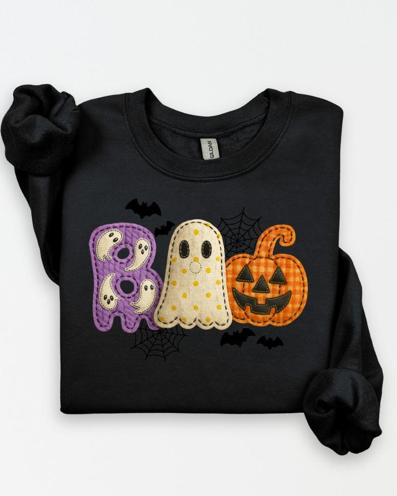 Cute Halloween Applique Style Boo Fall Sweater – Spooky Season Pullover for Women, Cozy Autumn Gift