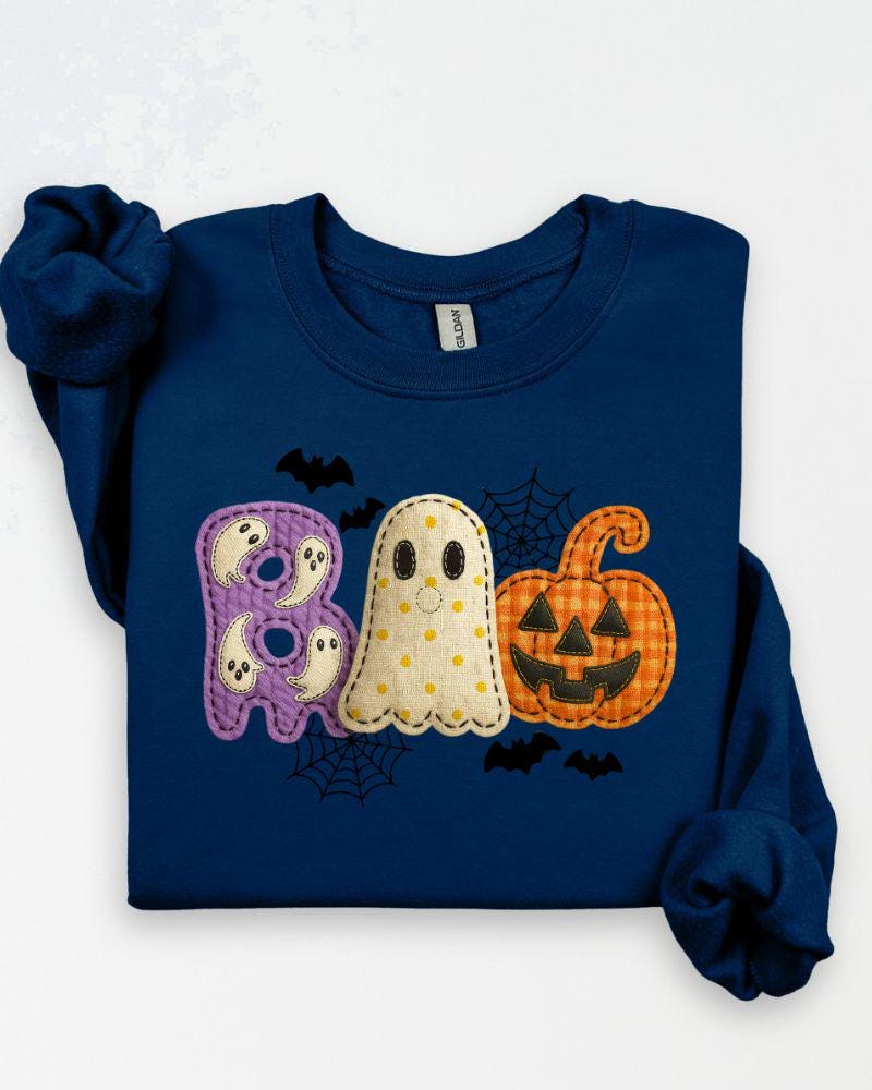 Cute Halloween Applique Style Boo Fall Sweater – Spooky Season Pullover for Women, Cozy Autumn Gift