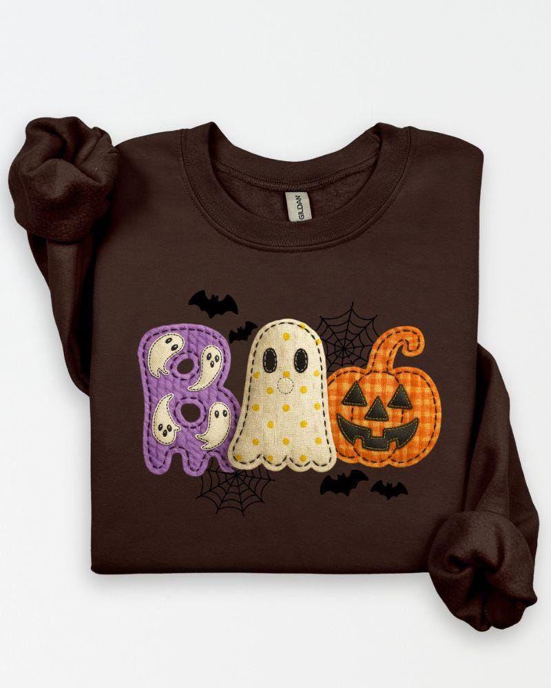 Cute Halloween Applique Style Boo Fall Sweater – Spooky Season Pullover for Women, Cozy Autumn Gift