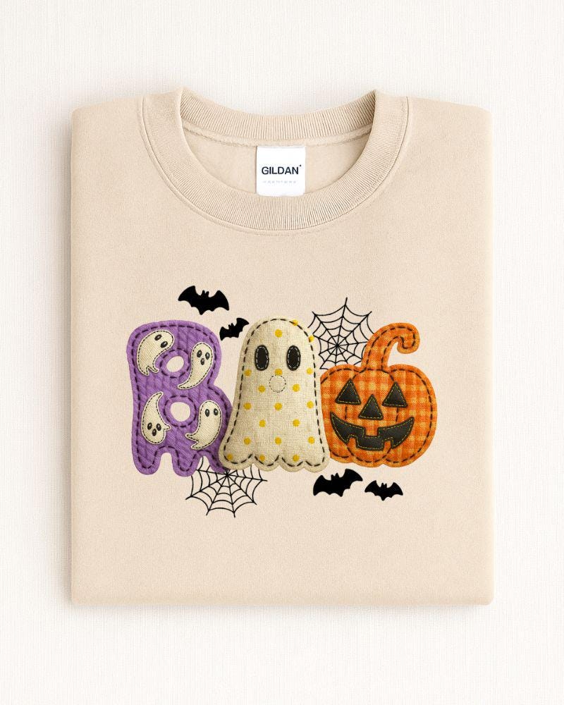 Cute Halloween Applique Style Boo Fall Sweater – Spooky Season Pullover for Women, Cozy Autumn Gift
