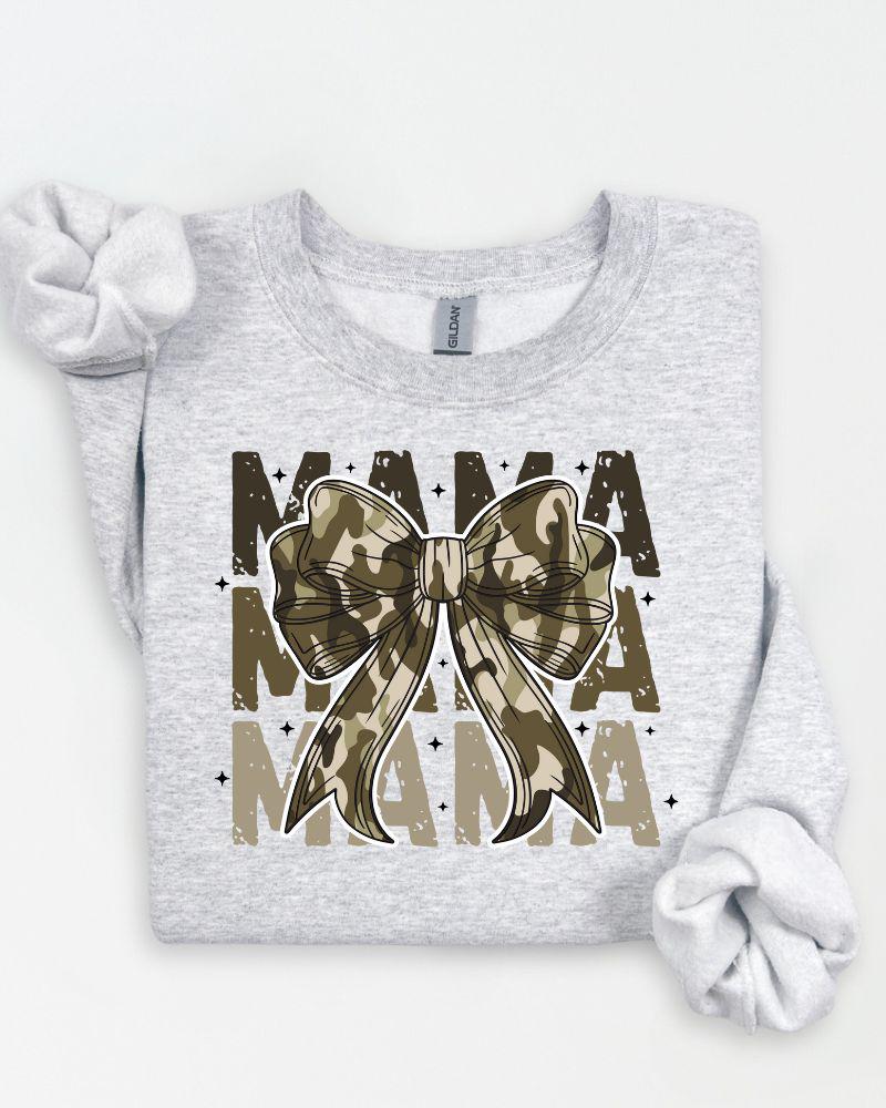 Camo MAMA Sweatshirt with Bow – Trendy Mom Crewneck, Cozy Fall Pullover