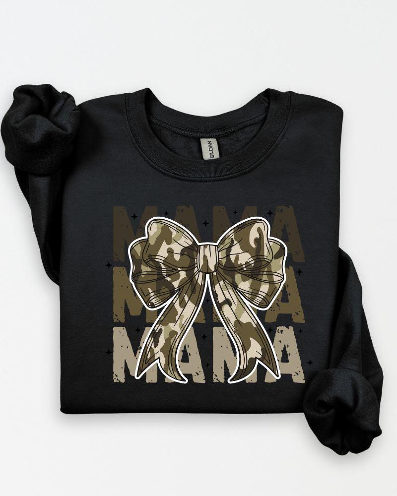 Camo MAMA Sweatshirt with Bow – Trendy Mom Crewneck, Cozy Fall Pullover