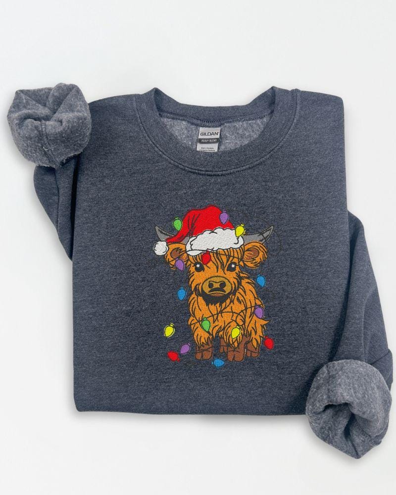 Highland Cow Christmas Sweatshirt – Embroidered Santa Hat Holiday Crewneck – Cozy Farmhouse Animal Lover Sweater Gift