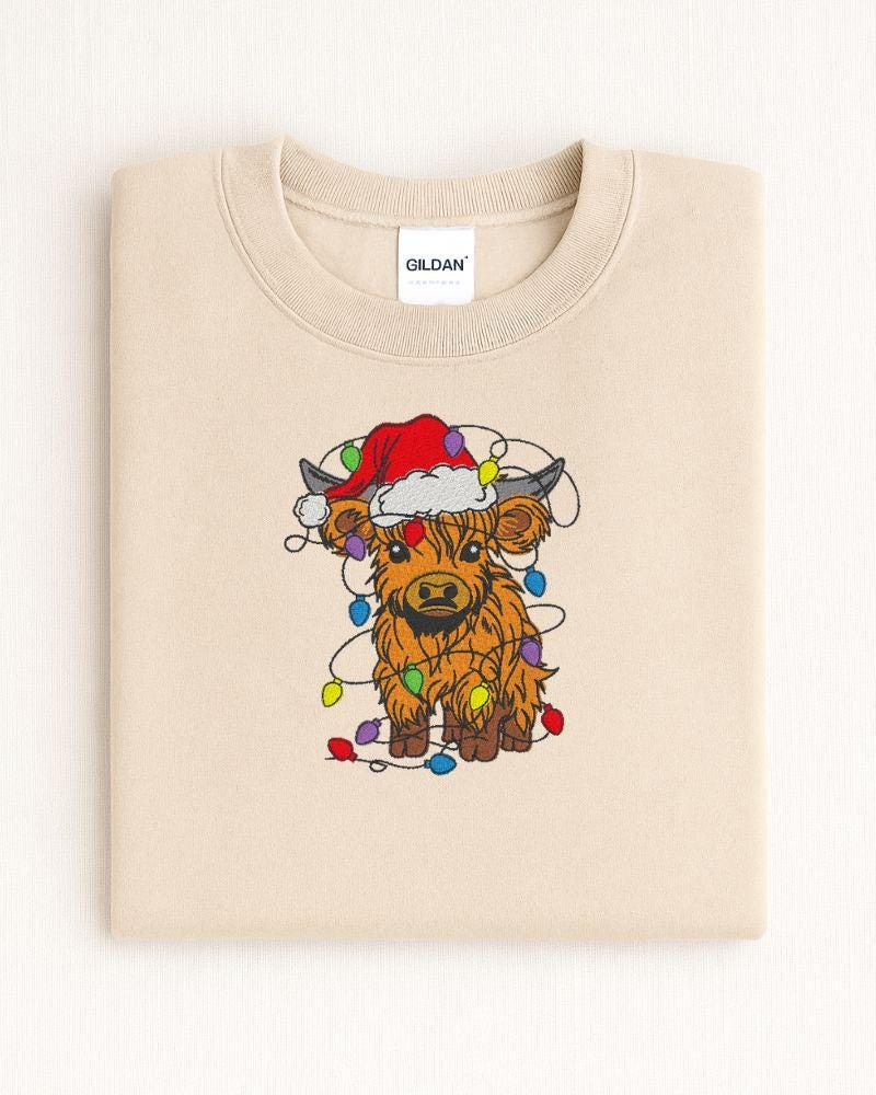 Highland Cow Christmas Sweatshirt – Embroidered Santa Hat Holiday Crewneck – Cozy Farmhouse Animal Lover Sweater Gift