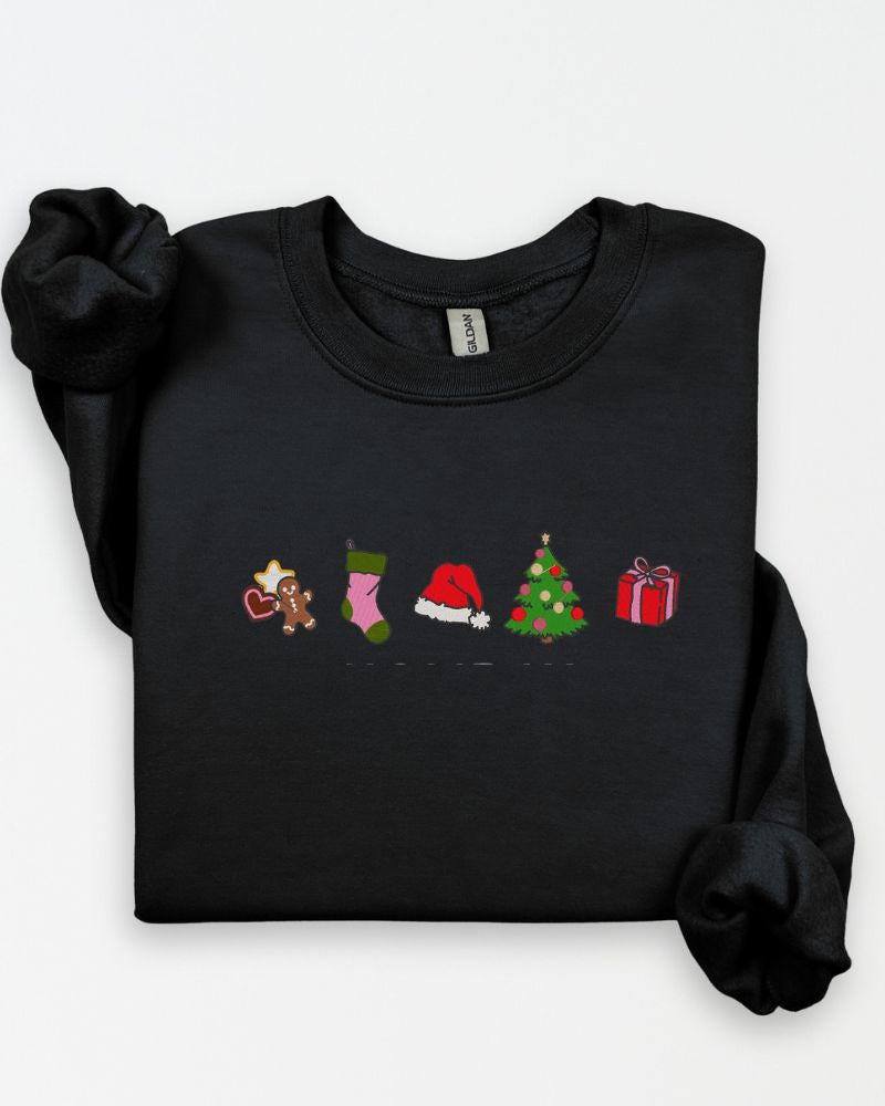 Christmas Classic Icons Embroidered Sweatshirt – Gingerbread Stocking Santa Hat Tree Gift Crewneck – Cozy Holiday Sweater Gift
