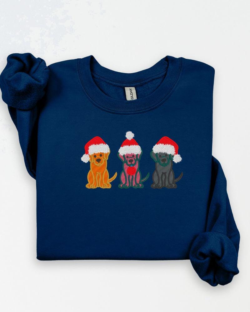 Christmas Dogs Sweatshirt – Embroidered Trio of Santa Hat Labs – Cozy Holiday Crewneck for Dog Lovers & Pet Parents