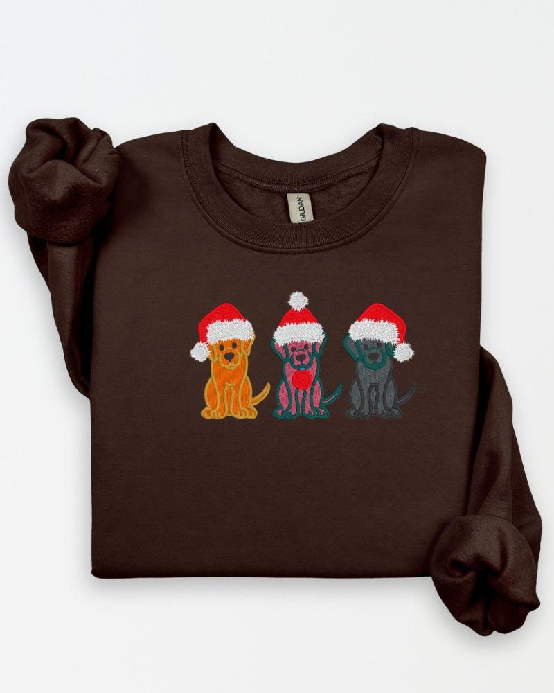 Christmas Dogs Sweatshirt – Embroidered Trio of Santa Hat Labs – Cozy Holiday Crewneck for Dog Lovers & Pet Parents