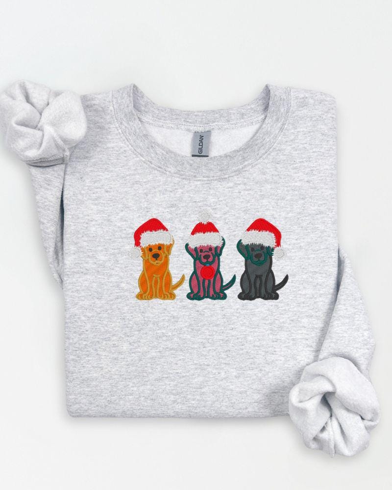 Christmas Dogs Sweatshirt – Embroidered Trio of Santa Hat Labs – Cozy Holiday Crewneck for Dog Lovers & Pet Parents