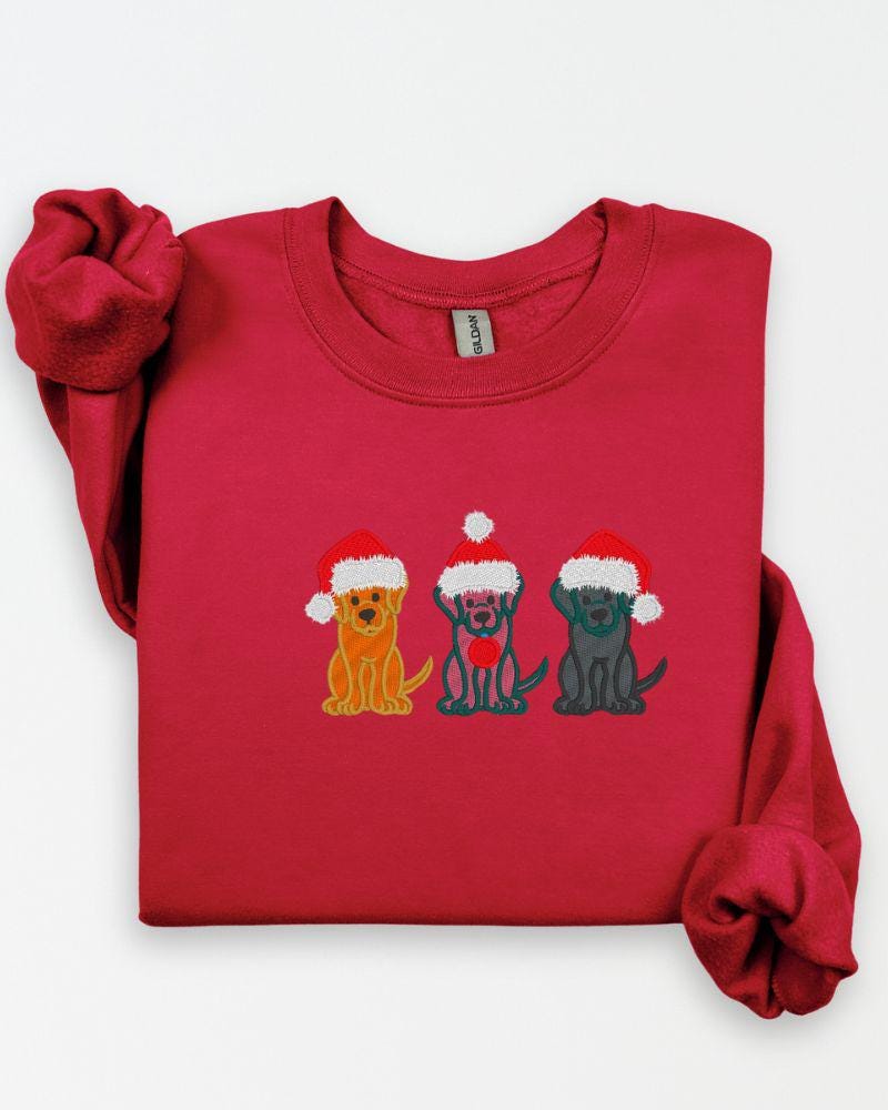 Christmas Dogs Sweatshirt – Embroidered Trio of Santa Hat Labs – Cozy Holiday Crewneck for Dog Lovers & Pet Parents
