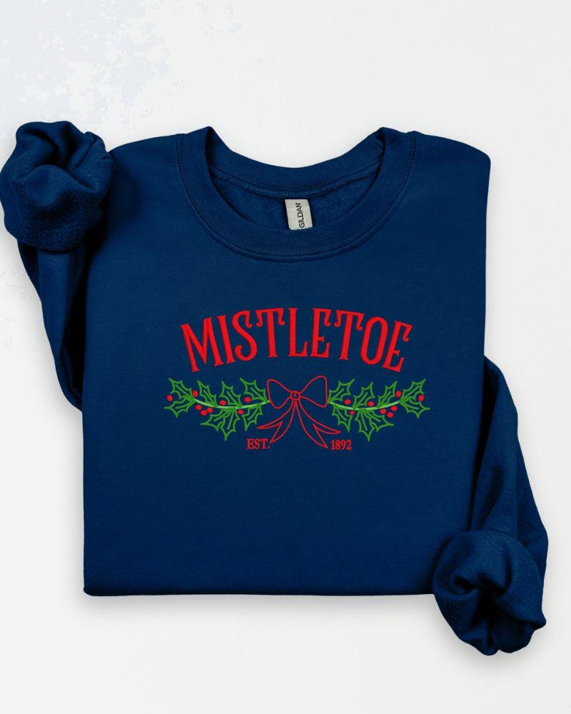 Mistletoe Christmas Sweatshirt – Embroidered Holiday Bow & Greenery Crewneck – Cozy Farmhouse Holiday Sweater Gift
