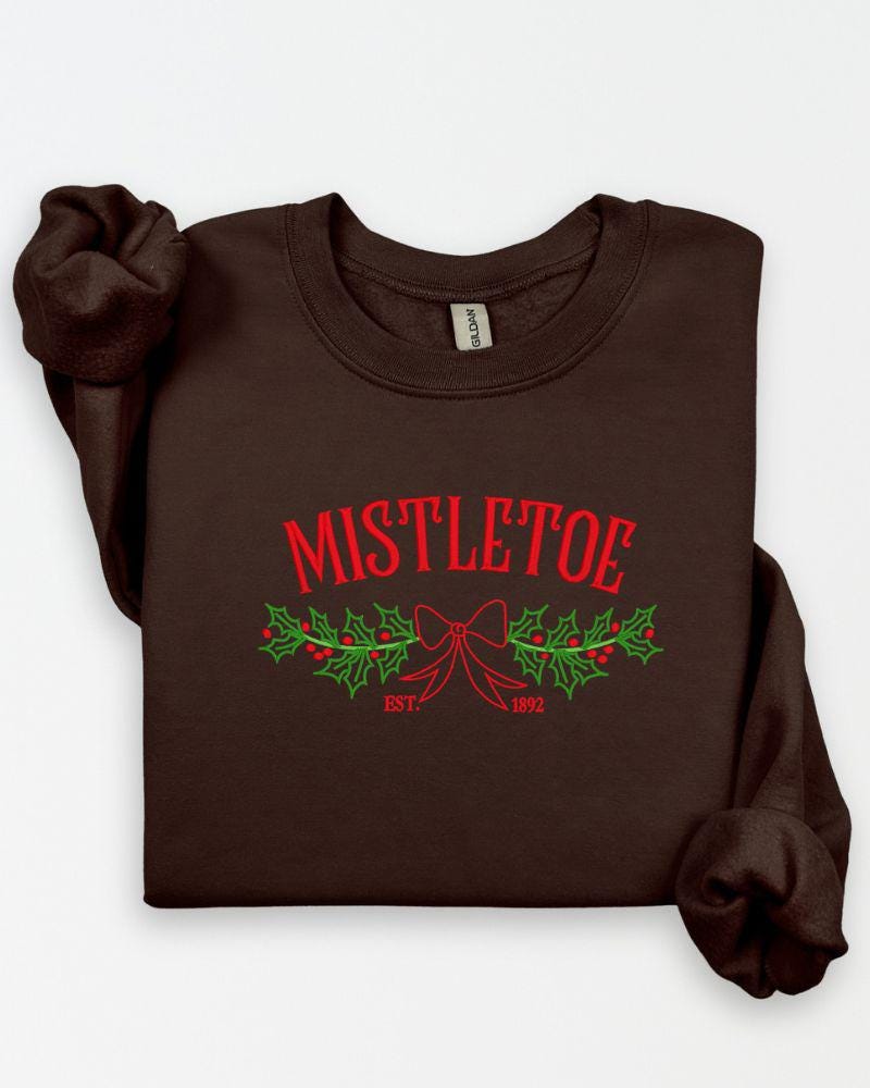 Mistletoe Christmas Sweatshirt – Embroidered Holiday Bow & Greenery Crewneck – Cozy Farmhouse Holiday Sweater Gift