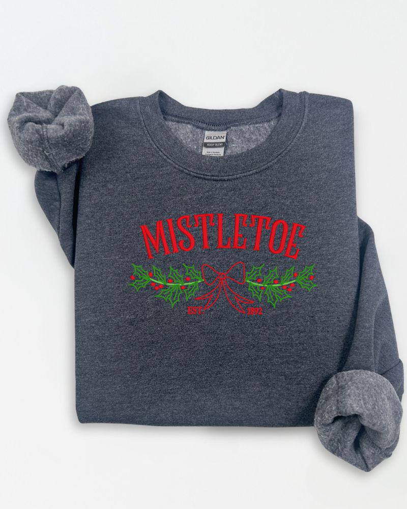 Mistletoe Christmas Sweatshirt – Embroidered Holiday Bow & Greenery Crewneck – Cozy Farmhouse Holiday Sweater Gift