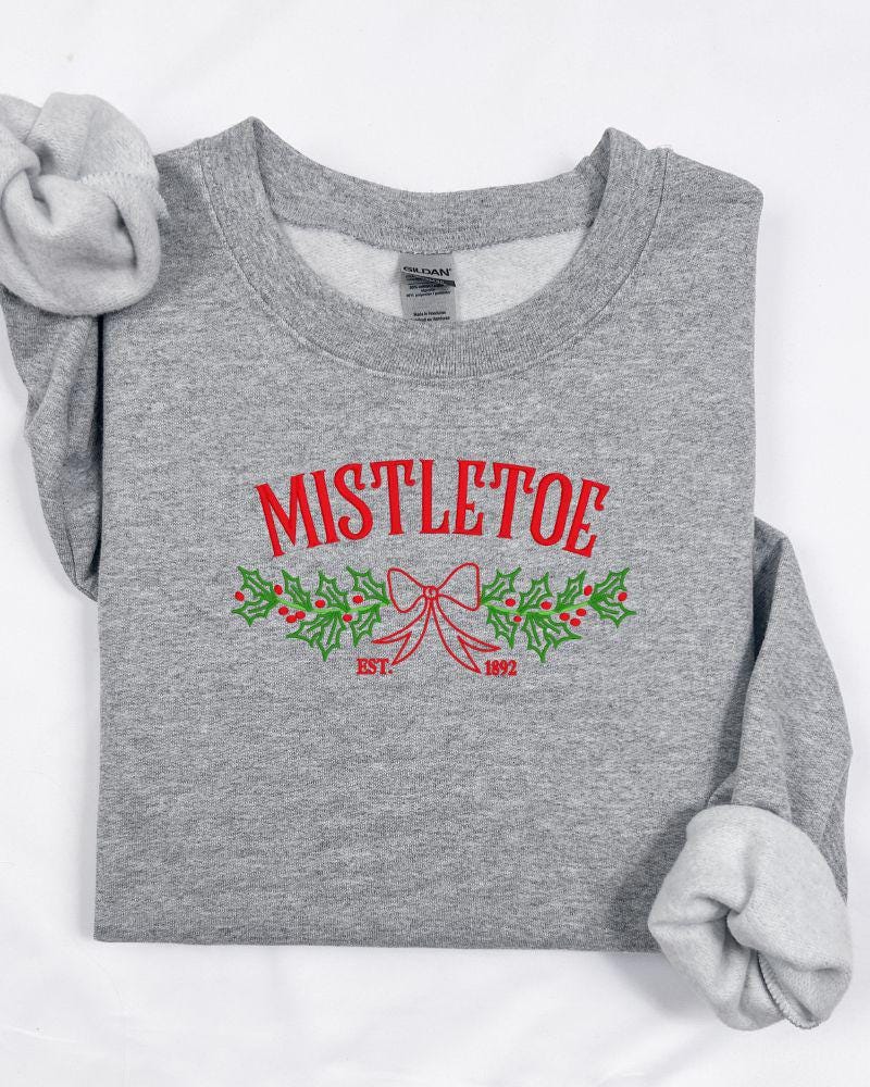 Mistletoe Christmas Sweatshirt – Embroidered Holiday Bow & Greenery Crewneck – Cozy Farmhouse Holiday Sweater Gift