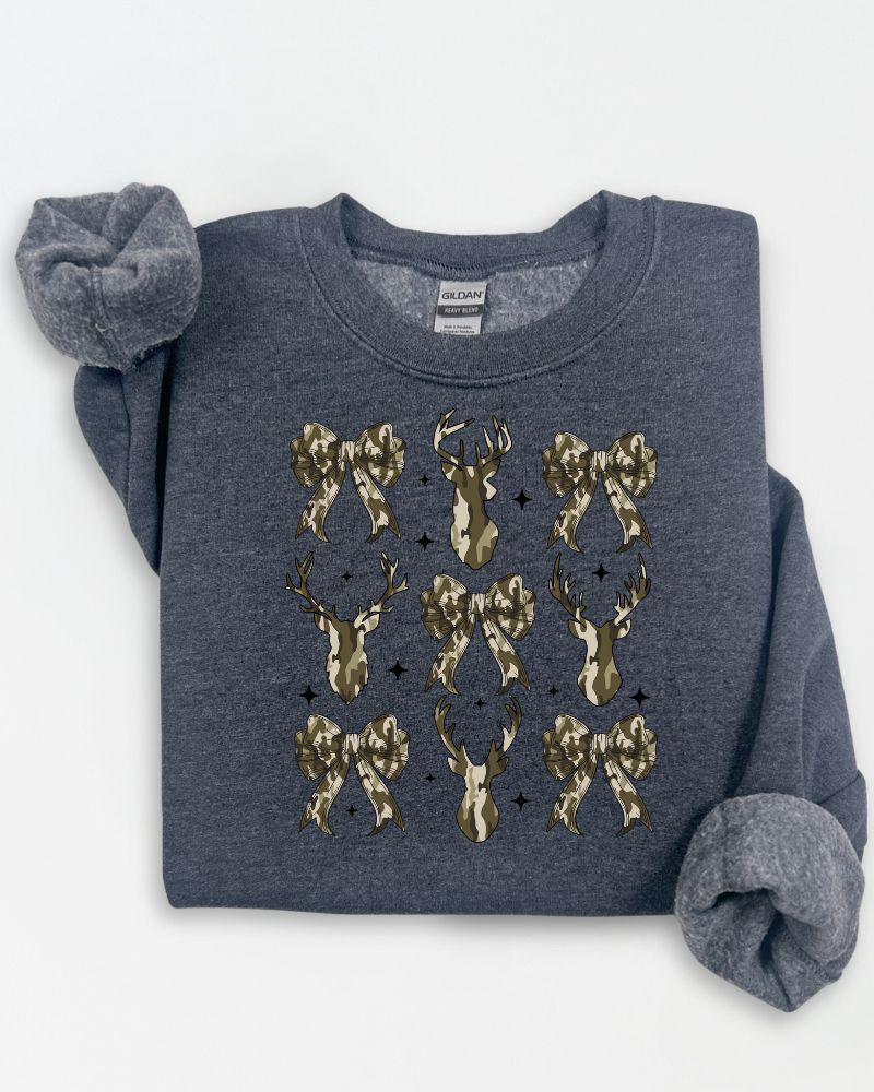 Camo Deer and Bow Sweatshirt – Cozy Crewneck for Hunters, Outdoor Moms, Fall and Winter Country Outfit