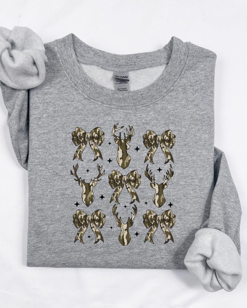 Camo Deer and Bow Sweatshirt – Cozy Crewneck for Hunters, Outdoor Moms, Fall and Winter Country Outfit