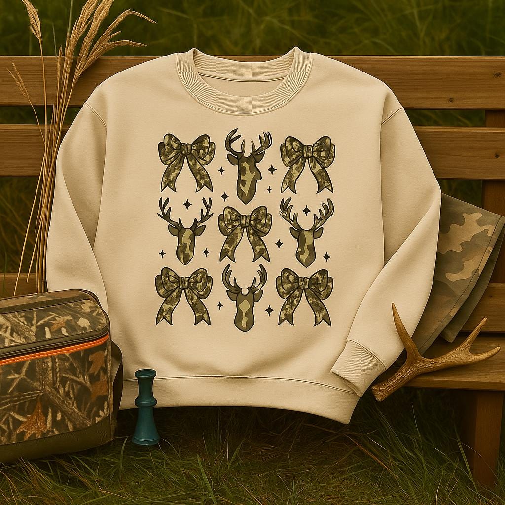 Camo Deer and Bow Sweatshirt – Cozy Crewneck for Hunters, Outdoor Moms, Fall and Winter Country Outfit