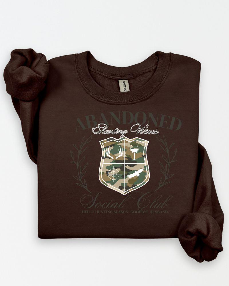 Abandoned Hunting Wives Sweatshirt – Funny Camo Fall Crewneck, Cozy Outdoor Wife Shirt, Hunting Season Gift for Her