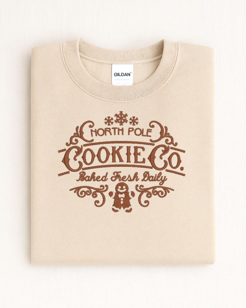 North Pole Cookie Co. Christmas Sweatshirt – Embroidered Gingerbread Holiday Crewneck – Cozy Rustic Farmhouse Style Sweater Gift
