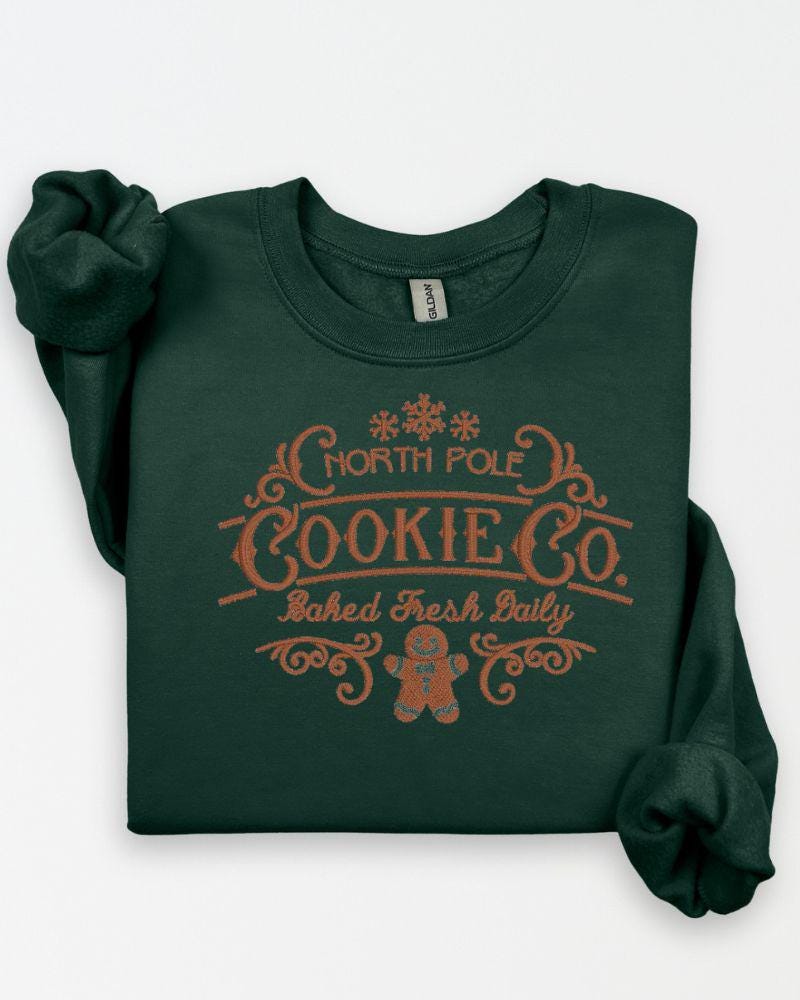 North Pole Cookie Co. Christmas Sweatshirt – Embroidered Gingerbread Holiday Crewneck – Cozy Rustic Farmhouse Style Sweater Gift