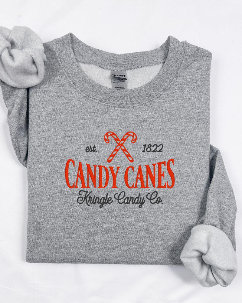 Candy Cane Kringle Candy Co. Embroidered Sweatshirt – Festive Holiday Crewneck-Cute Cozy Xmas Pullover-Winter Outfit Gift