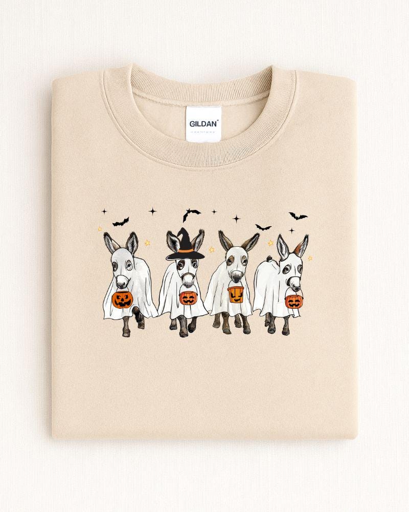 Halloween Donkey Sweatshirt –DTG Ghost & Pumpkin Donkeys – Cozy Unisex Fall Crewneck Sweater Gift for Animal Lovers