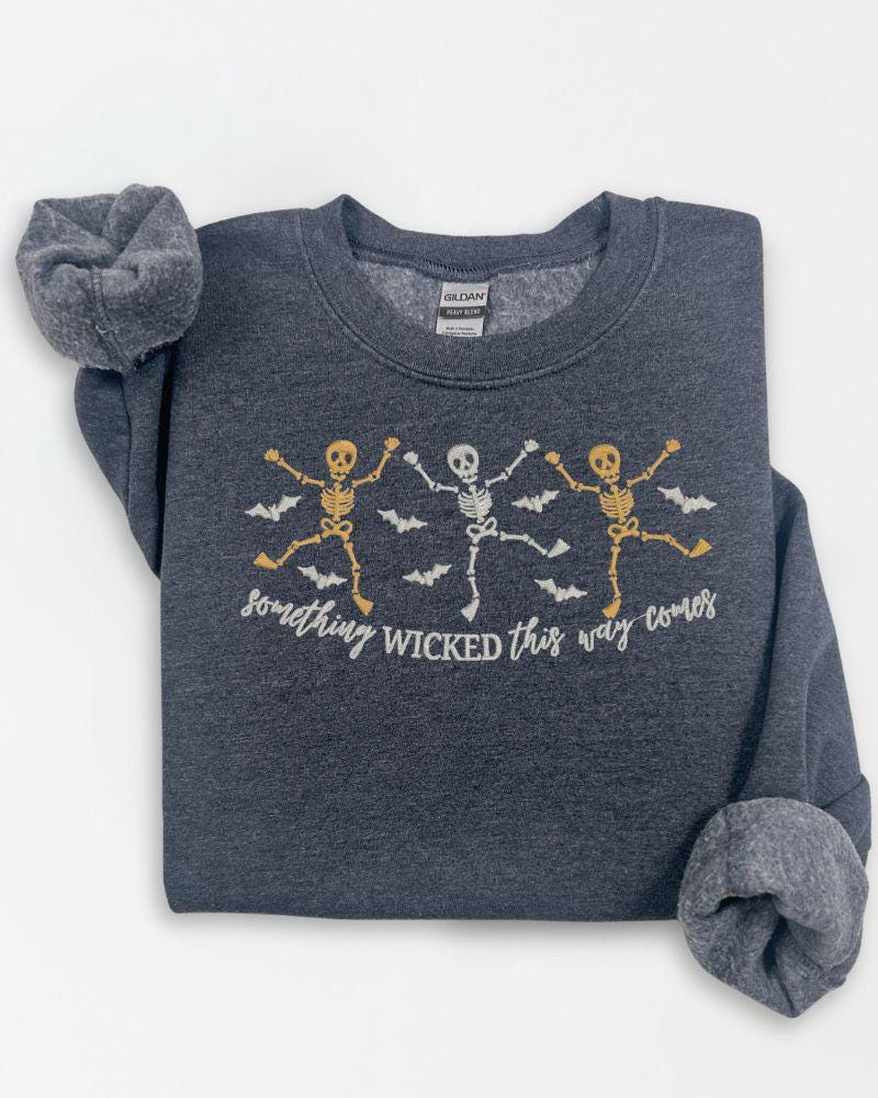 Halloween Skeleton Embroidered Sweatshirt – Spooky Dancing Skeletons & Bats – Cozy Fall Crewneck Sweater Unisex