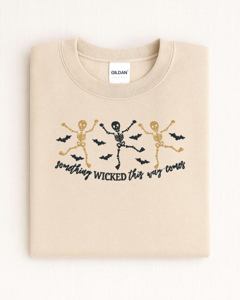 Halloween Skeleton Embroidered Sweatshirt – Spooky Dancing Skeletons & Bats – Cozy Fall Crewneck Sweater Unisex