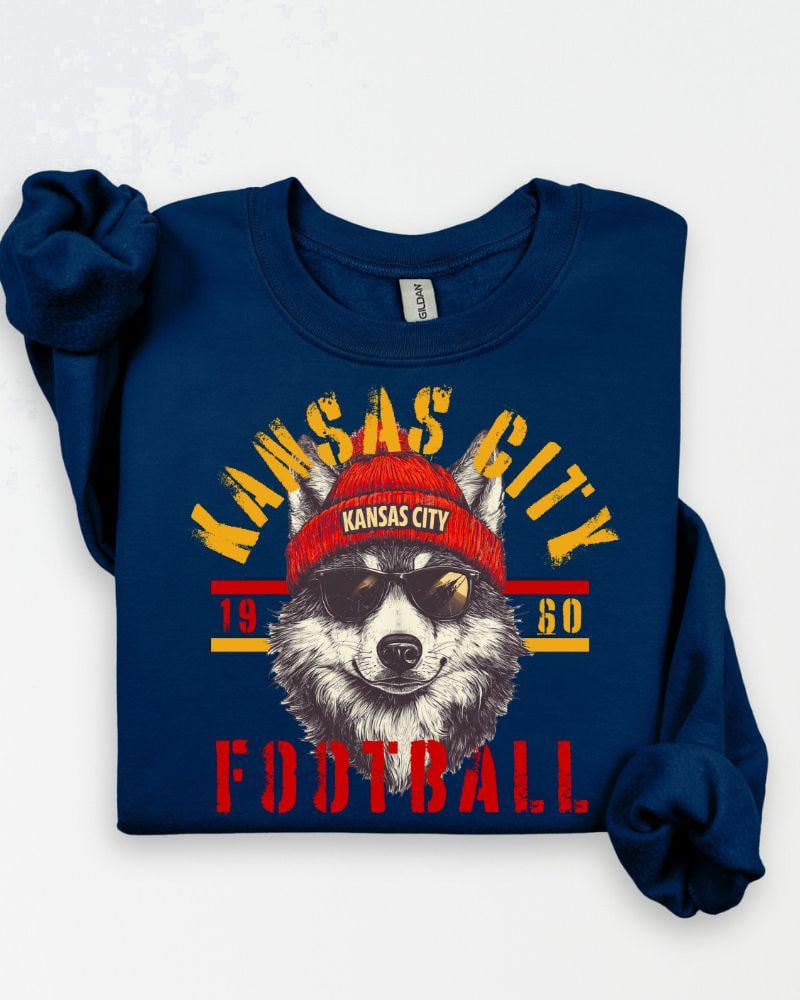Vintage Style KC Football Fan Sweatshirt | DTG Retro Wolf Graphic Crewneck | Game Day Tailgate Pullover | Unisex Sports Lover Sweater