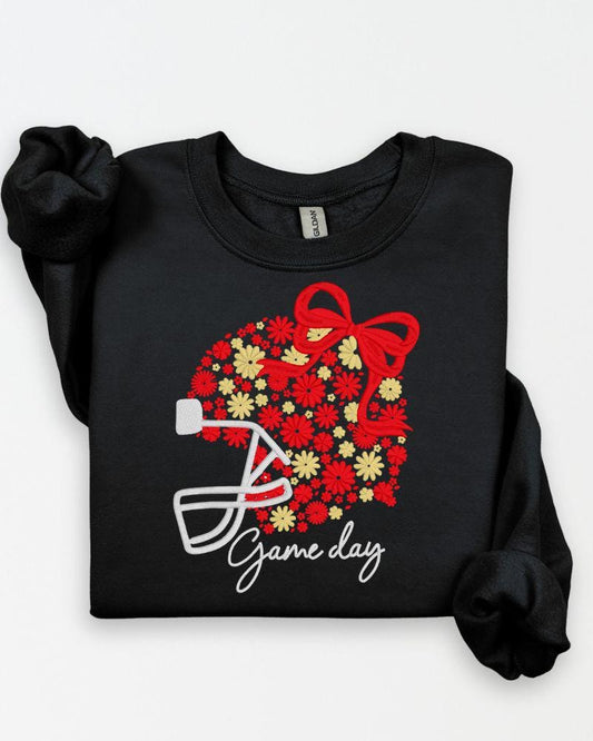 Customizable Game Day Embroidered Sweatshirt | Football Crewneck | Floral Bow Embroidery Pullover | Fall Sports Fan Sweater
