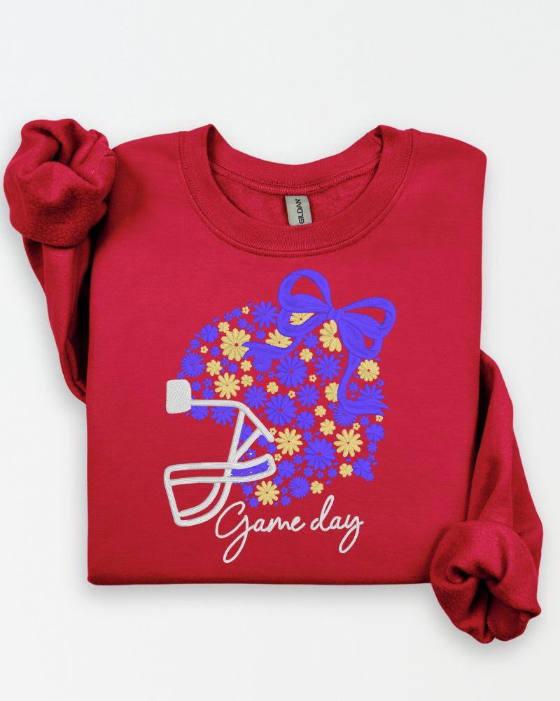 Customizable Game Day Embroidered Sweatshirt | Football Crewneck | Floral Bow Embroidery Pullover | Fall Sports Fan Sweater