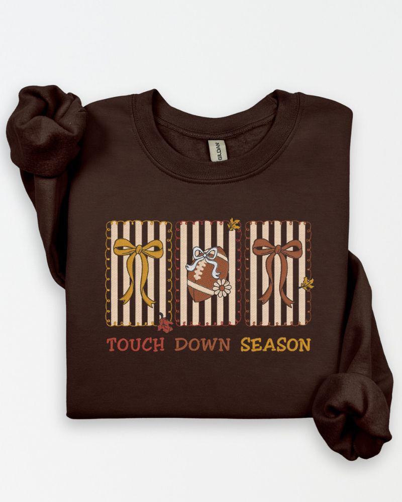 Touch Down Season Embroidered Sweatshirt | Fall Football Crewneck | Custom Game Day Pullover | Autumn Sports Fan Sweater
