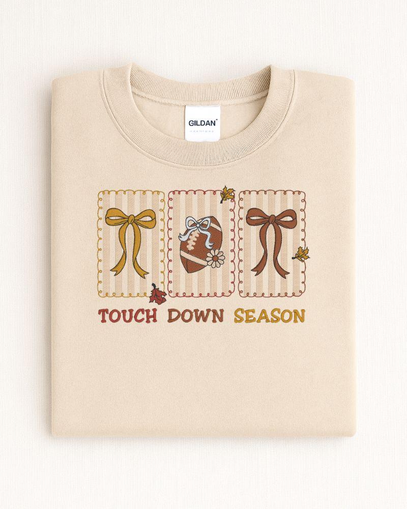 Touch Down Season Embroidered Sweatshirt | Fall Football Crewneck | Custom Game Day Pullover | Autumn Sports Fan Sweater