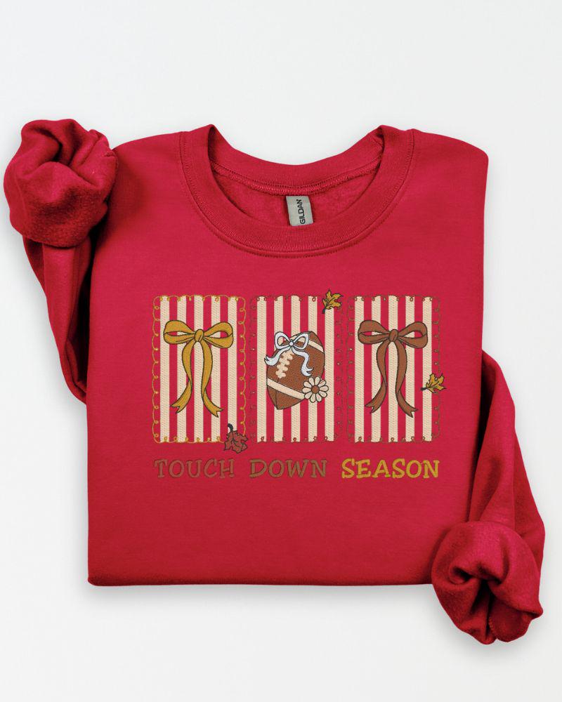 Touch Down Season Embroidered Sweatshirt | Fall Football Crewneck | Custom Game Day Pullover | Autumn Sports Fan Sweater
