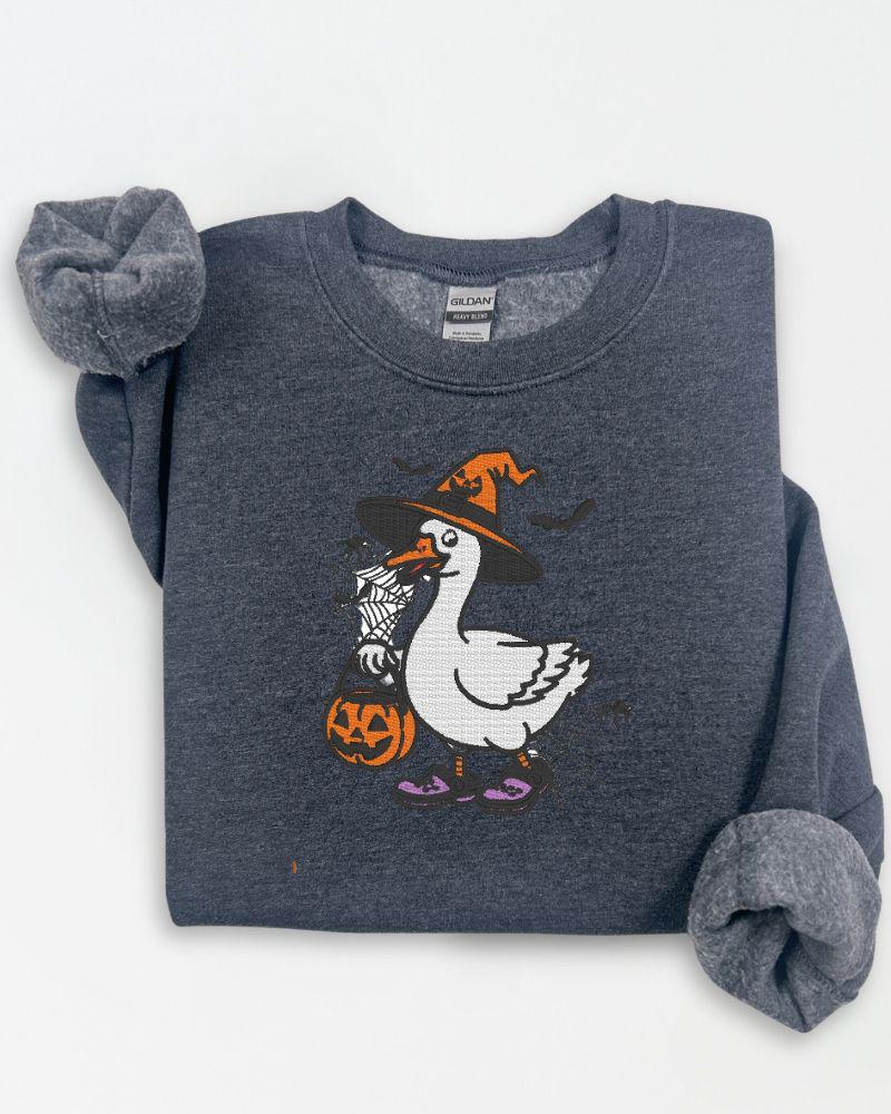 Halloween Goose Embroidered Sweatshirt | Witch Goose Crewneck | Spooky Fall Pullover | Cute Autumn Embroidery Sweater