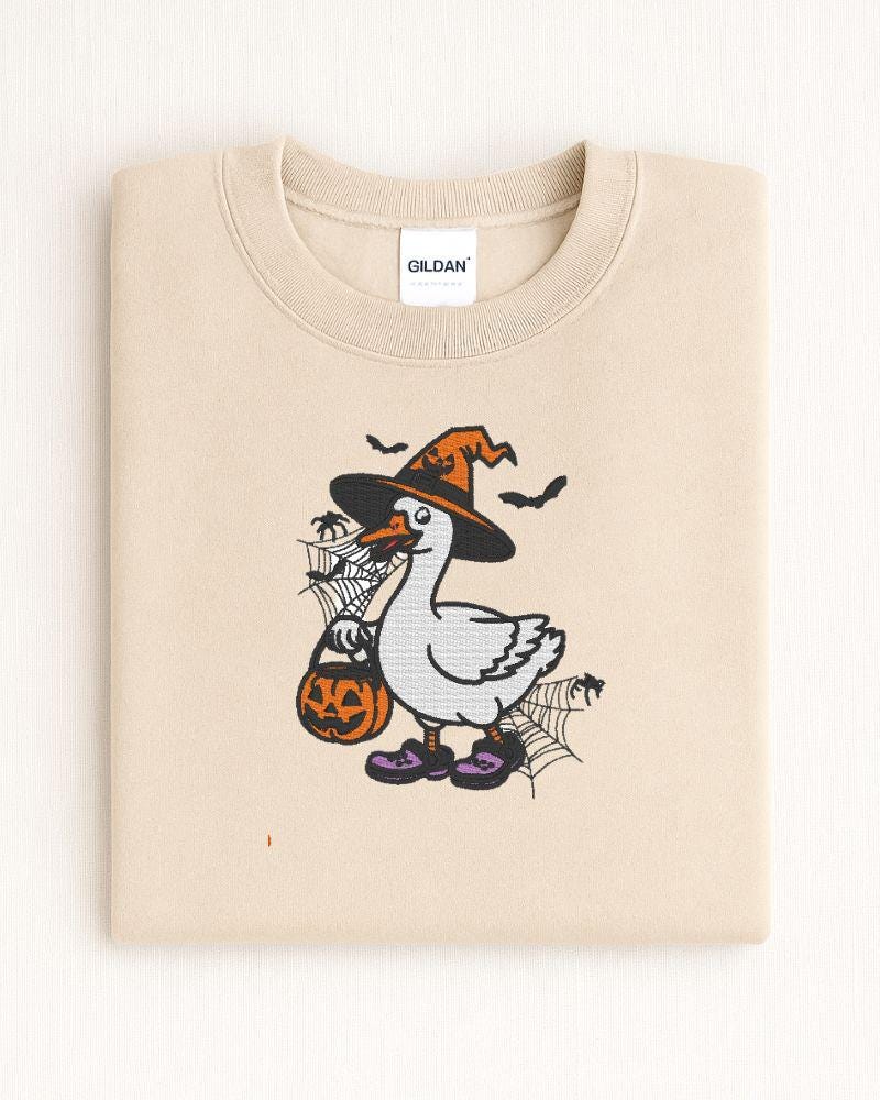 Halloween Goose Embroidered Sweatshirt | Witch Goose Crewneck | Spooky Fall Pullover | Cute Autumn Embroidery Sweater