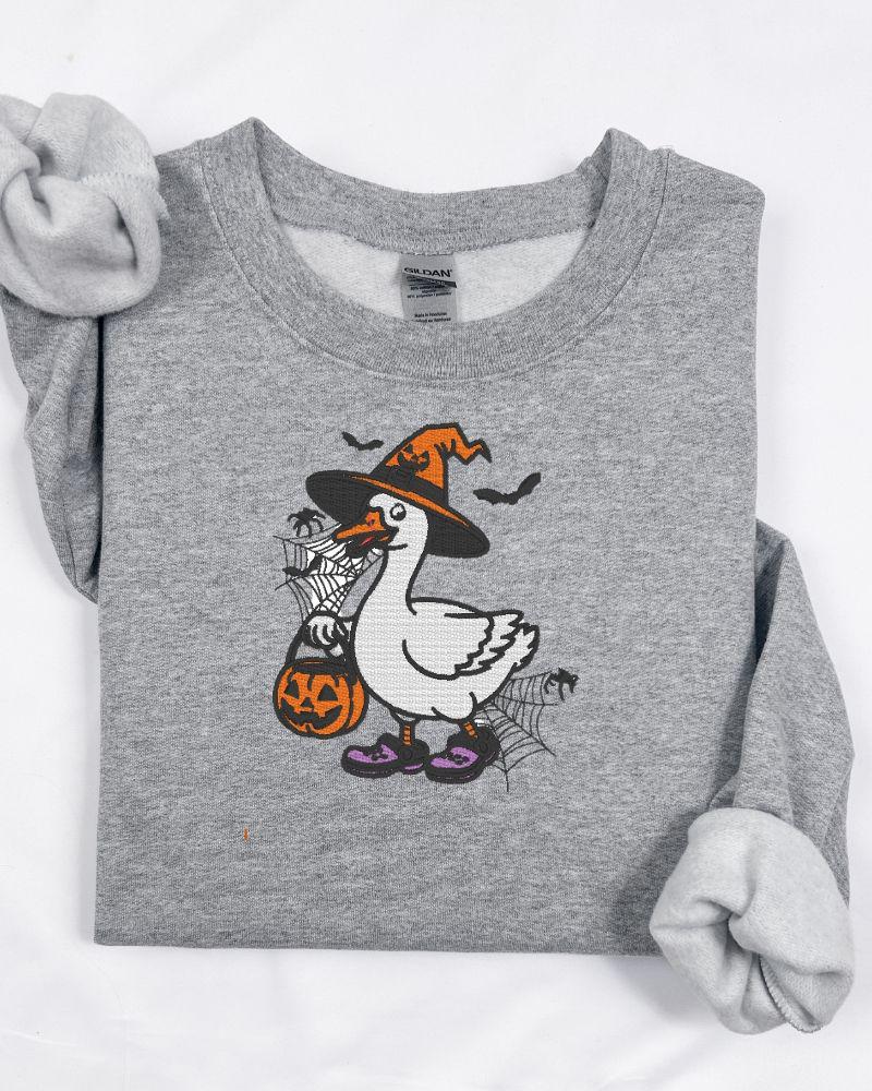 Halloween Goose Embroidered Sweatshirt | Witch Goose Crewneck | Spooky Fall Pullover | Cute Autumn Embroidery Sweater
