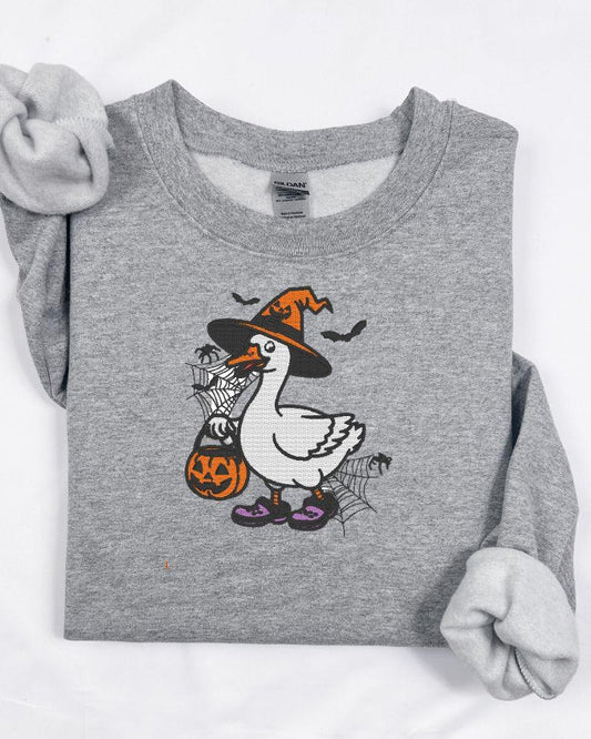 Halloween Goose Embroidered Sweatshirt | Witch Goose Crewneck | Spooky Fall Pullover | Cute Autumn Embroidery Sweater