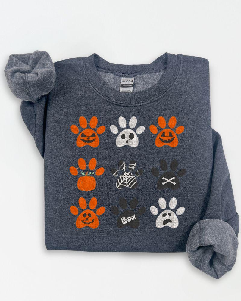 Halloween Embroidered Paw Print Sweatshirt – Cute Fall Dog Lover Shirt, Spooky Pumpkin & Ghost Design, Unisex Cozy Autumn Crewneck