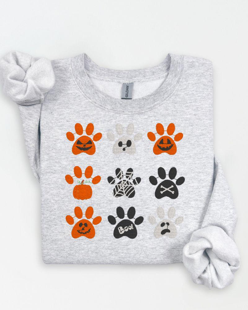 Halloween Embroidered Paw Print Sweatshirt – Cute Fall Dog Lover Shirt, Spooky Pumpkin & Ghost Design, Unisex Cozy Autumn Crewneck