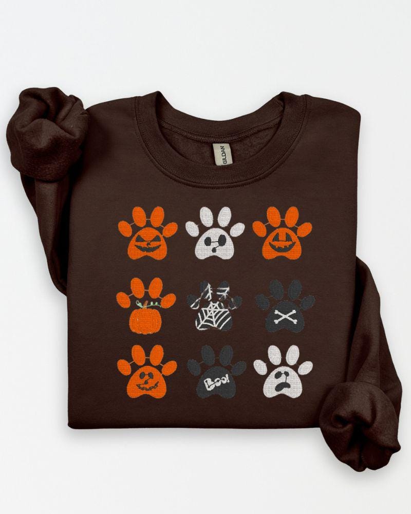 Halloween Embroidered Paw Print Sweatshirt – Cute Fall Dog Lover Shirt, Spooky Pumpkin & Ghost Design, Unisex Cozy Autumn Crewneck