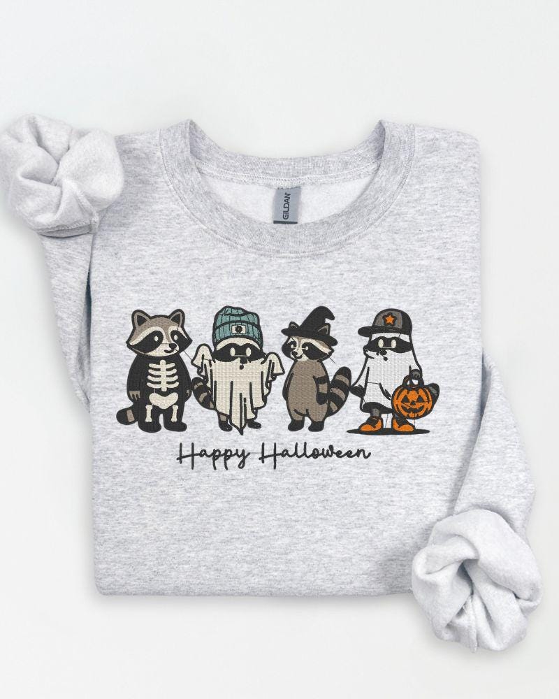 Happy Halloween Raccoon Sweatshirt – Embroidered Cute Fall Crewneck, Cozy Autumn Sweater for Animal Lovers, Spooky Season Unisex Top