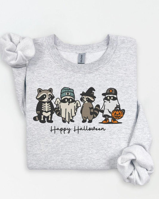 Happy Halloween Raccoon Sweatshirt – Embroidered Cute Fall Crewneck, Cozy Autumn Sweater for Animal Lovers, Spooky Season Unisex Top