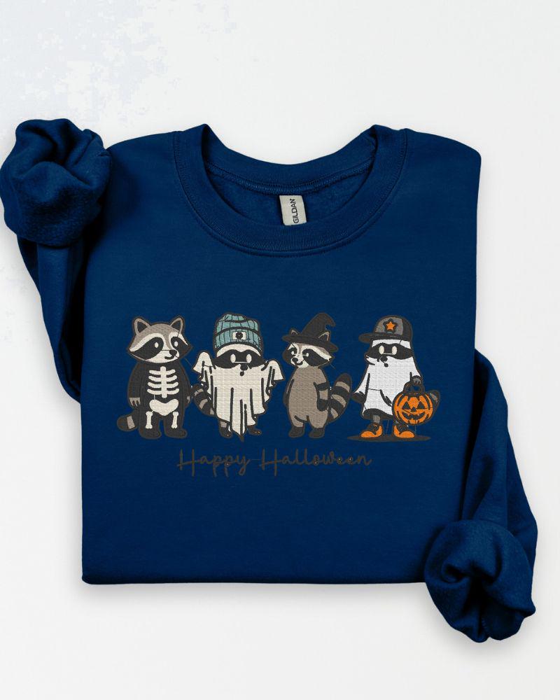 Happy Halloween Raccoon Sweatshirt – Embroidered Cute Fall Crewneck, Cozy Autumn Sweater for Animal Lovers, Spooky Season Unisex Top