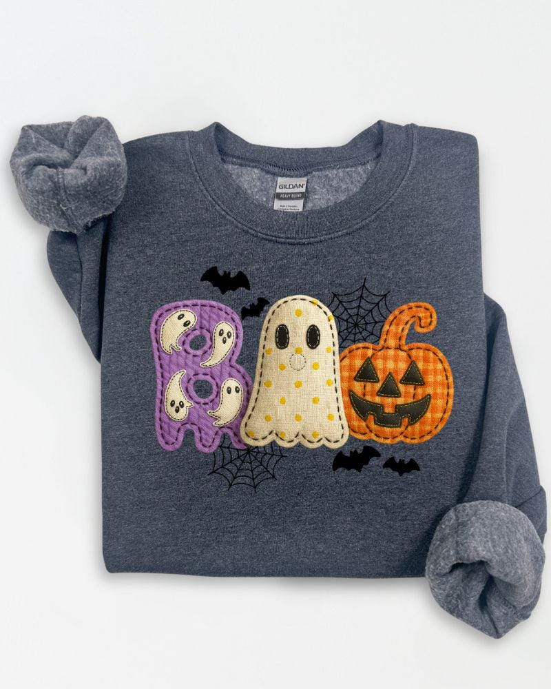 Cute Halloween Applique Style Boo Fall Sweater – Spooky Season Pullover for Women, Cozy Autumn Gift